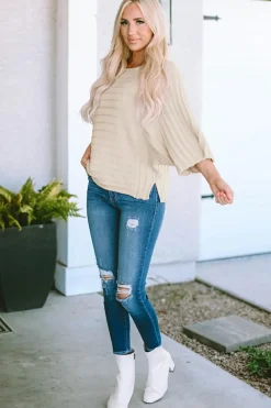 Outlet Dear-Lover Exposed Seam Ribbed Knit Dolman Sweater Apricot