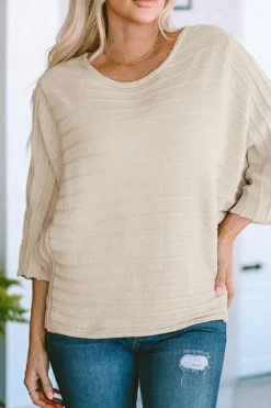 Outlet Dear-Lover Exposed Seam Ribbed Knit Dolman Sweater Apricot