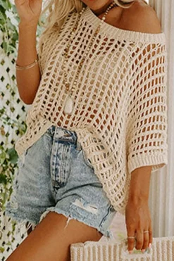 Sale Dear-Lover Fishnet Knit Ribbed Round Neck Short Sleeve Sweater Tee Apricot