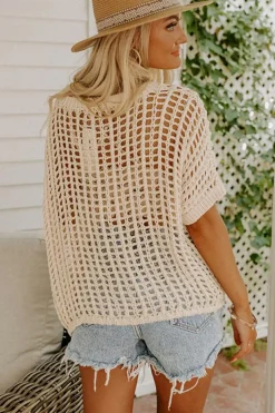 Sale Dear-Lover Fishnet Knit Ribbed Round Neck Short Sleeve Sweater Tee Apricot