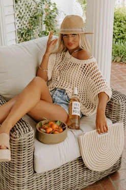 Sale Dear-Lover Fishnet Knit Ribbed Round Neck Short Sleeve Sweater Tee Apricot