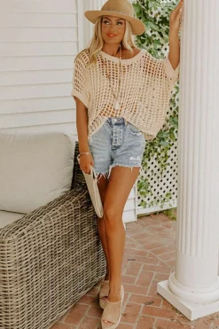 Sale Dear-Lover Fishnet Knit Ribbed Round Neck Short Sleeve Sweater Tee Apricot