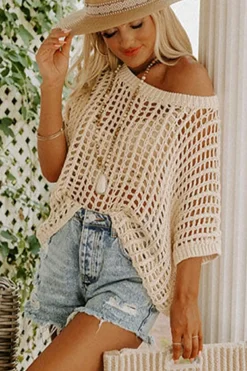 Sale Dear-Lover Fishnet Knit Ribbed Round Neck Short Sleeve Sweater Tee Apricot