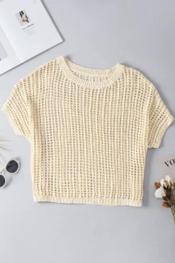 Sale Dear-Lover Fishnet Knit Ribbed Round Neck Short Sleeve Sweater Tee Apricot