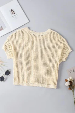 Sale Dear-Lover Fishnet Knit Ribbed Round Neck Short Sleeve Sweater Tee Apricot