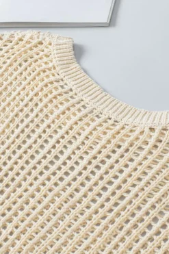 Sale Dear-Lover Fishnet Knit Ribbed Round Neck Short Sleeve Sweater Tee Apricot