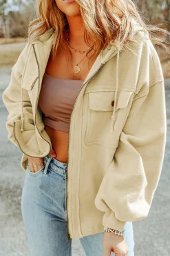 Outlet Dear-Lover Flap Pocket Drawstring Hood Zip Up Jacket Apricot