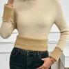 Outlet Dear-Lover Fleece Lined Lettuces Edge High Neck Ribbed Slim Fit Sweater Apricot