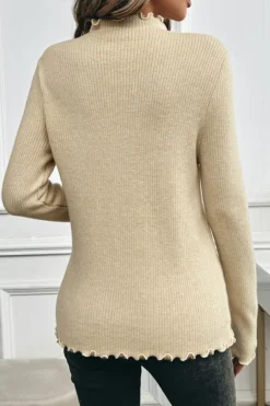 Outlet Dear-Lover Fleece Lined Lettuces Edge High Neck Ribbed Slim Fit Sweater Apricot