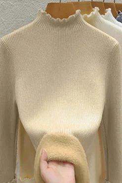 Outlet Dear-Lover Fleece Lined Lettuces Edge High Neck Ribbed Slim Fit Sweater Apricot