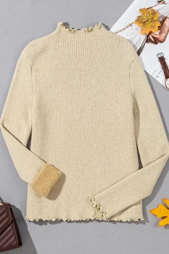 Outlet Dear-Lover Fleece Lined Lettuces Edge High Neck Ribbed Slim Fit Sweater Apricot