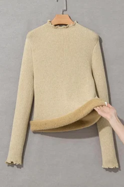 Outlet Dear-Lover Fleece Lined Lettuces Edge High Neck Ribbed Slim Fit Sweater Apricot