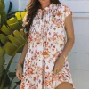 Online Dear-Lover Floral Geometric Print Ruffled Trim Flutter Sleeve Mini Dress Apricot