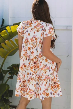 Online Dear-Lover Floral Geometric Print Ruffled Trim Flutter Sleeve Mini Dress Apricot