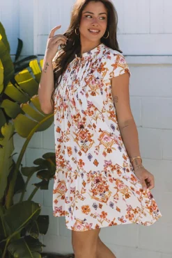 Online Dear-Lover Floral Geometric Print Ruffled Trim Flutter Sleeve Mini Dress Apricot