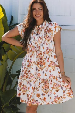 Online Dear-Lover Floral Geometric Print Ruffled Trim Flutter Sleeve Mini Dress Apricot