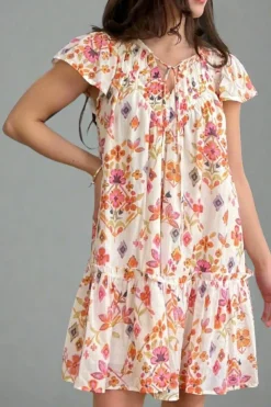 Online Dear-Lover Floral Geometric Print Ruffled Trim Flutter Sleeve Mini Dress Apricot