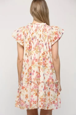 Online Dear-Lover Floral Geometric Print Ruffled Trim Flutter Sleeve Mini Dress Apricot