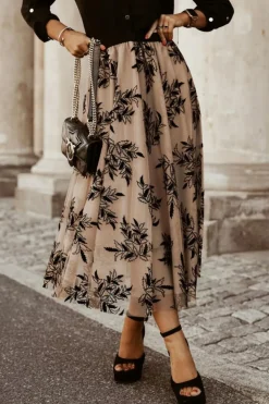 Hot Dear-Lover Floral Leaves Embroidered High Waist Maxi Skirt Apricot