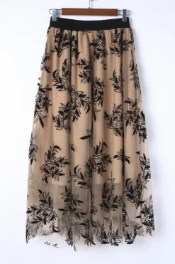 Hot Dear-Lover Floral Leaves Embroidered High Waist Maxi Skirt Apricot