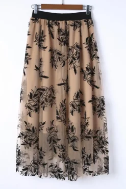 Hot Dear-Lover Floral Leaves Embroidered High Waist Maxi Skirt Apricot