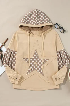 Online Dear-Lover Floral Patchwork Star Pattern Drawstring Hoodie Apricot