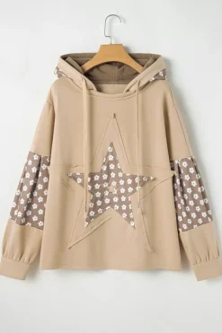 Online Dear-Lover Floral Patchwork Star Pattern Drawstring Hoodie Apricot