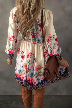 Hot Dear-Lover Floral Print Buttoned High Waist Shirt Mini Dress Apricot