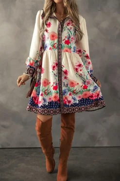 Hot Dear-Lover Floral Print Buttoned High Waist Shirt Mini Dress Apricot