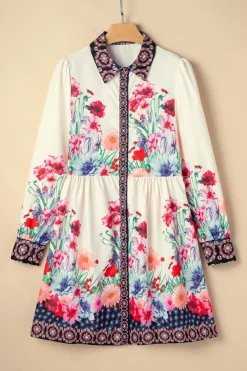 Hot Dear-Lover Floral Print Buttoned High Waist Shirt Mini Dress Apricot