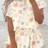 Sale Dear-Lover Floral Print Crop Top Wide Leg Short Set Apricot