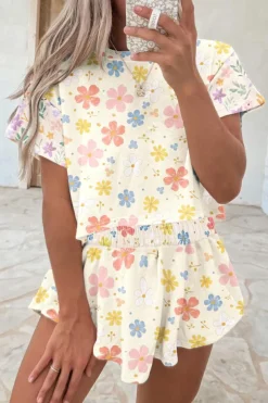 Sale Dear-Lover Floral Print Crop Top Wide Leg Short Set Apricot