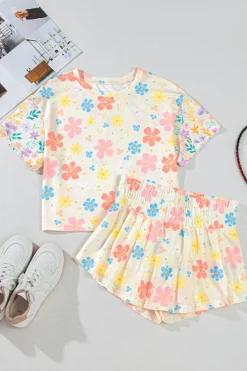Sale Dear-Lover Floral Print Crop Top Wide Leg Short Set Apricot