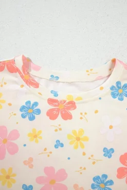 Sale Dear-Lover Floral Print Crop Top Wide Leg Short Set Apricot