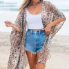 Best Dear-Lover Floral Print Short Wide Sleeve Open Front Loose Kimono Apricot