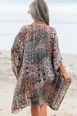 Best Dear-Lover Floral Print Short Wide Sleeve Open Front Loose Kimono Apricot