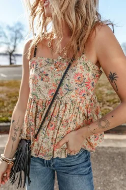 Outlet Dear-Lover Floral Print Spaghetti Straps Ruffled Peplum Tank Top Apricot