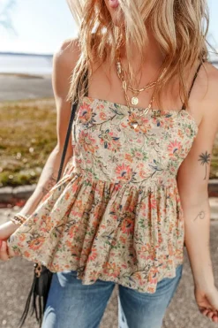 Outlet Dear-Lover Floral Print Spaghetti Straps Ruffled Peplum Tank Top Apricot
