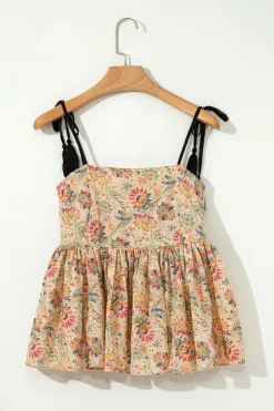 Outlet Dear-Lover Floral Print Spaghetti Straps Ruffled Peplum Tank Top Apricot