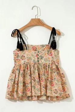 Outlet Dear-Lover Floral Print Spaghetti Straps Ruffled Peplum Tank Top Apricot