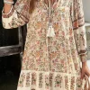 Discount Dear-Lover Floral Print Tassel Drawstring V Neck Loose Mini Dress Apricot