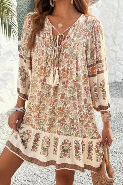 Discount Dear-Lover Floral Print Tassel Drawstring V Neck Loose Mini Dress Apricot