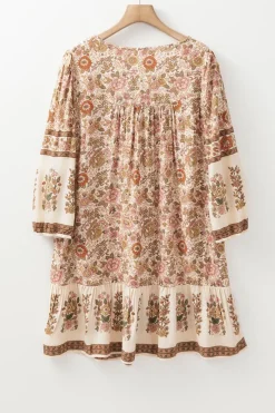 Discount Dear-Lover Floral Print Tassel Drawstring V Neck Loose Mini Dress Apricot