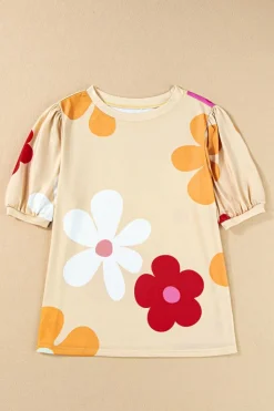Best Dear-Lover Flower Print Bubble Sleeve Tee Apricot