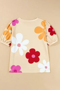 Best Dear-Lover Flower Print Bubble Sleeve Tee Apricot