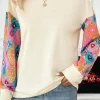 Sale Dear-Lover Geometric Printed Patchwork Long Sleeve Round Neck Top Apricot