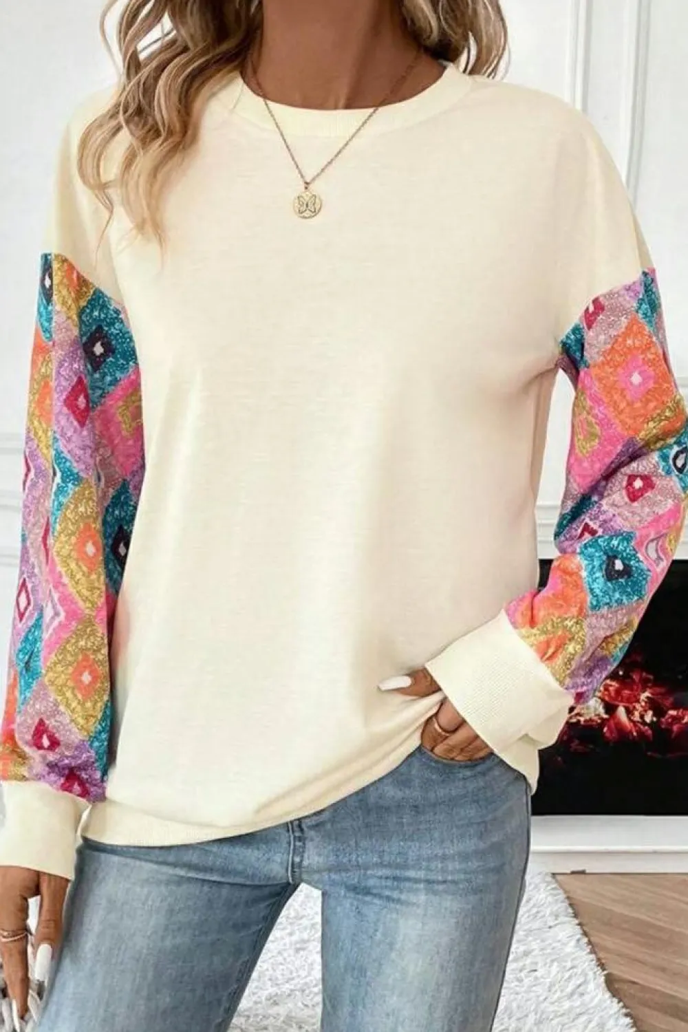 Sale Dear-Lover Geometric Printed Patchwork Long Sleeve Round Neck Top Apricot