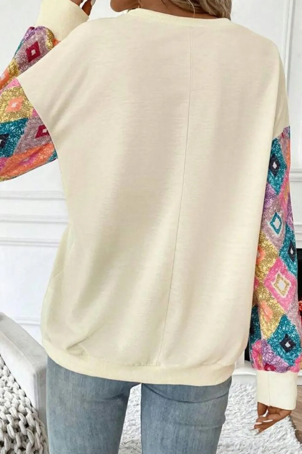 Sale Dear-Lover Geometric Printed Patchwork Long Sleeve Round Neck Top Apricot