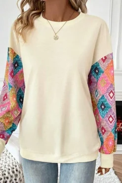 Sale Dear-Lover Geometric Printed Patchwork Long Sleeve Round Neck Top Apricot