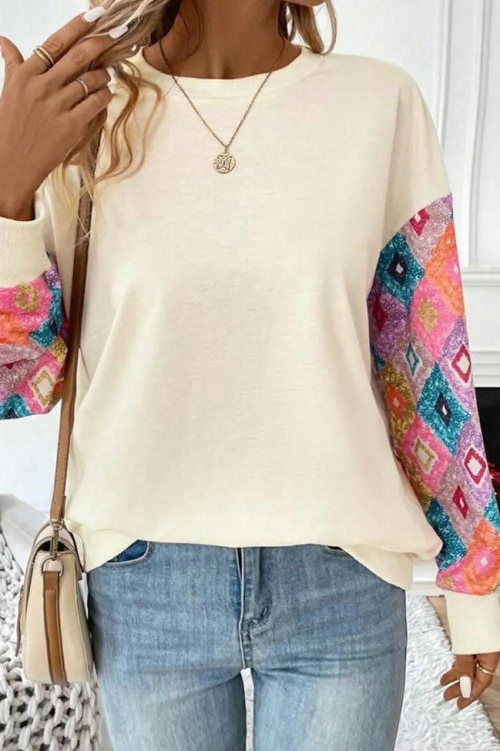 Sale Dear-Lover Geometric Printed Patchwork Long Sleeve Round Neck Top Apricot